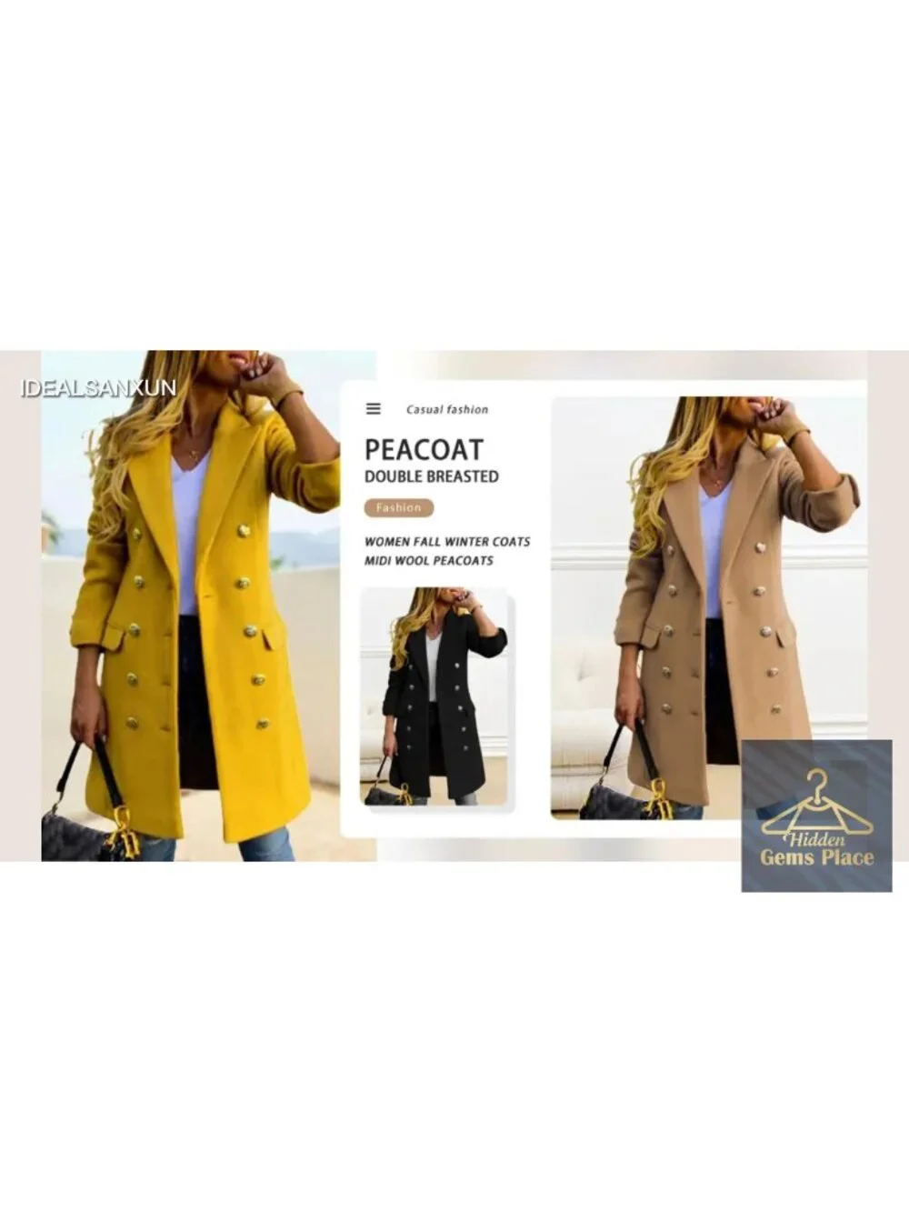 Women's Wool Peacoat Long Sleeve Double Breasted Notch Lapel Knee Length